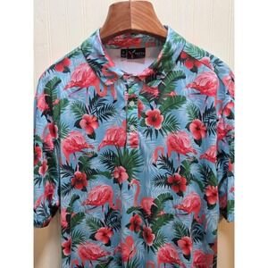 Yatta Golf Polo Shirt Mens XL Blue Flamingo Tropical Print Stretch Performance